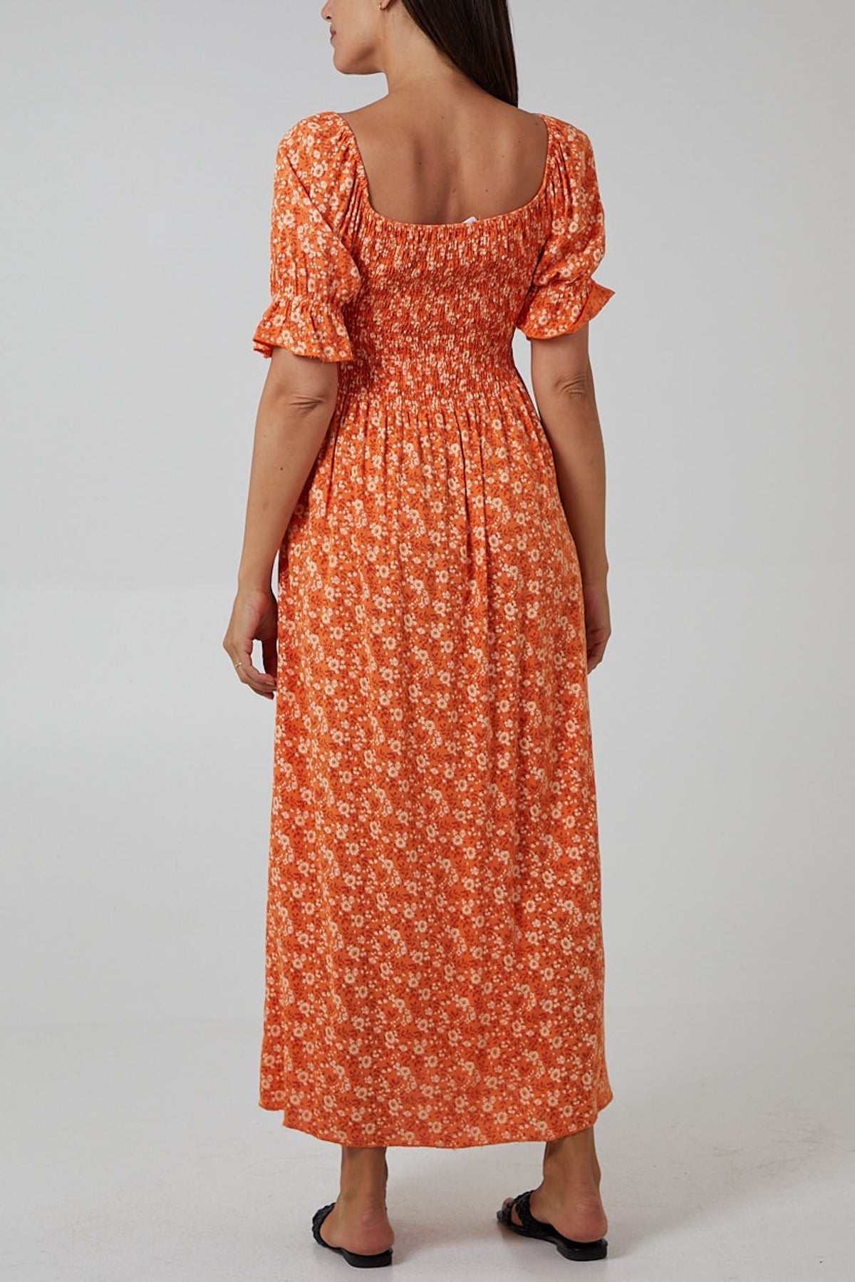 Royal Blue Puff Sleeve Floral Shirred Bodice Dress For Women ONE SIZE - Dropwear