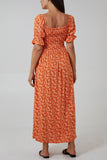 Royal Blue Puff Sleeve Floral Shirred Bodice Dress For Women ONE SIZE - Dropwear