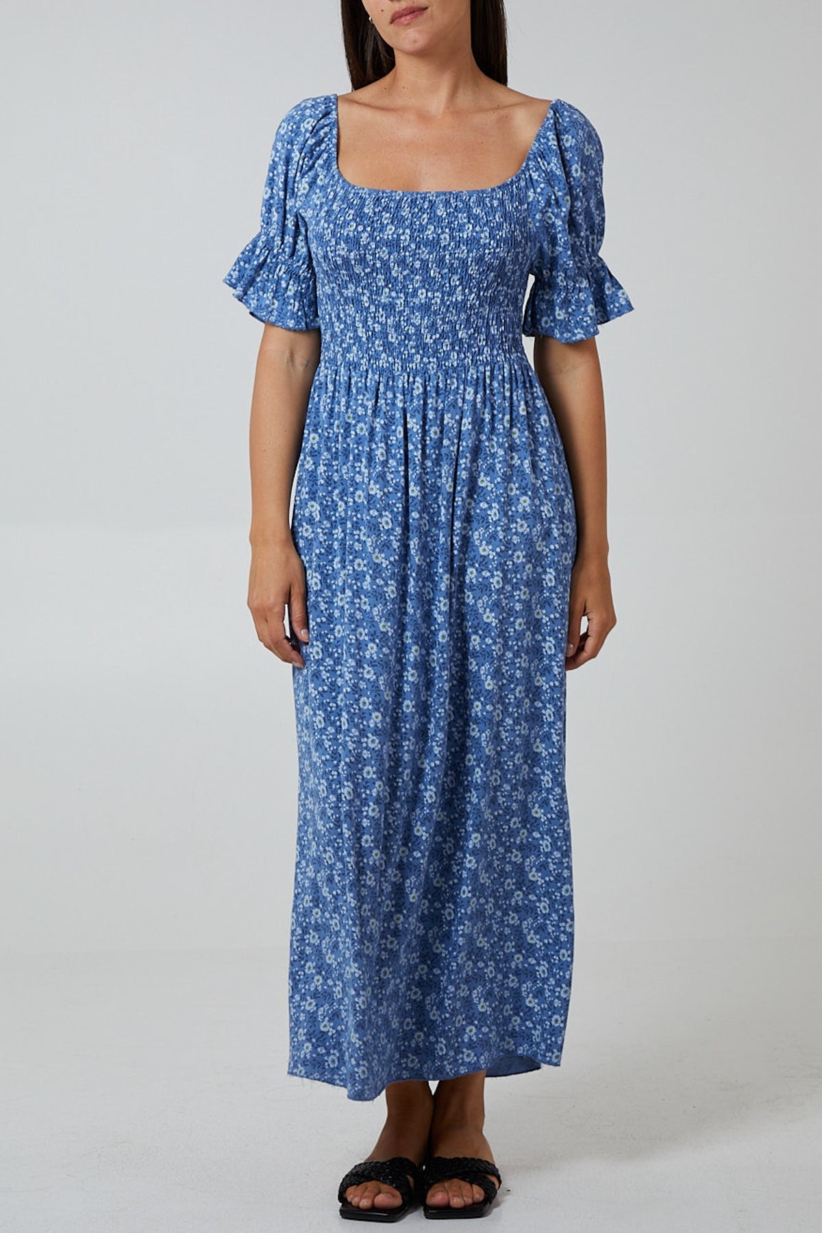 Khaki Puff Sleeve Floral Shirred Bodice Dress For Women ONE SIZE - Dropwear