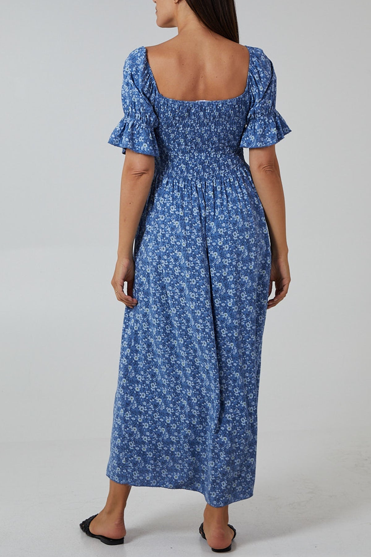 Orange Puff Sleeve Floral Shirred Bodice Dress For Women ONE SIZE - Dropwear