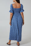 Orange Puff Sleeve Floral Shirred Bodice Dress For Women ONE SIZE - Dropwear