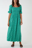 Denim Puff Sleeve Floral Shirred Bodice Dress For Women ONE SIZE - Dropwear