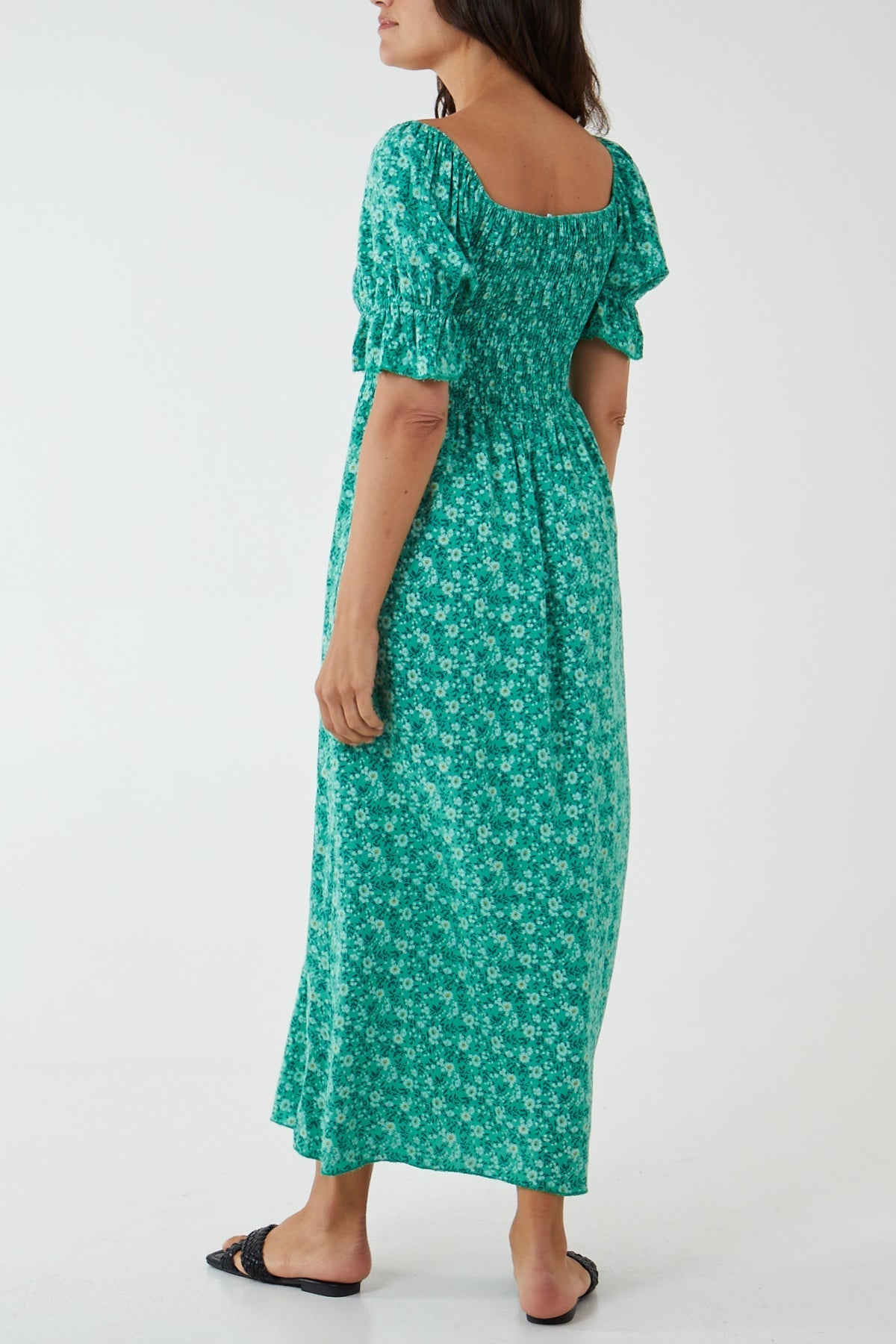 Puff Sleeve Floral Shirred Bodice Dress For Women  - Dropwear
