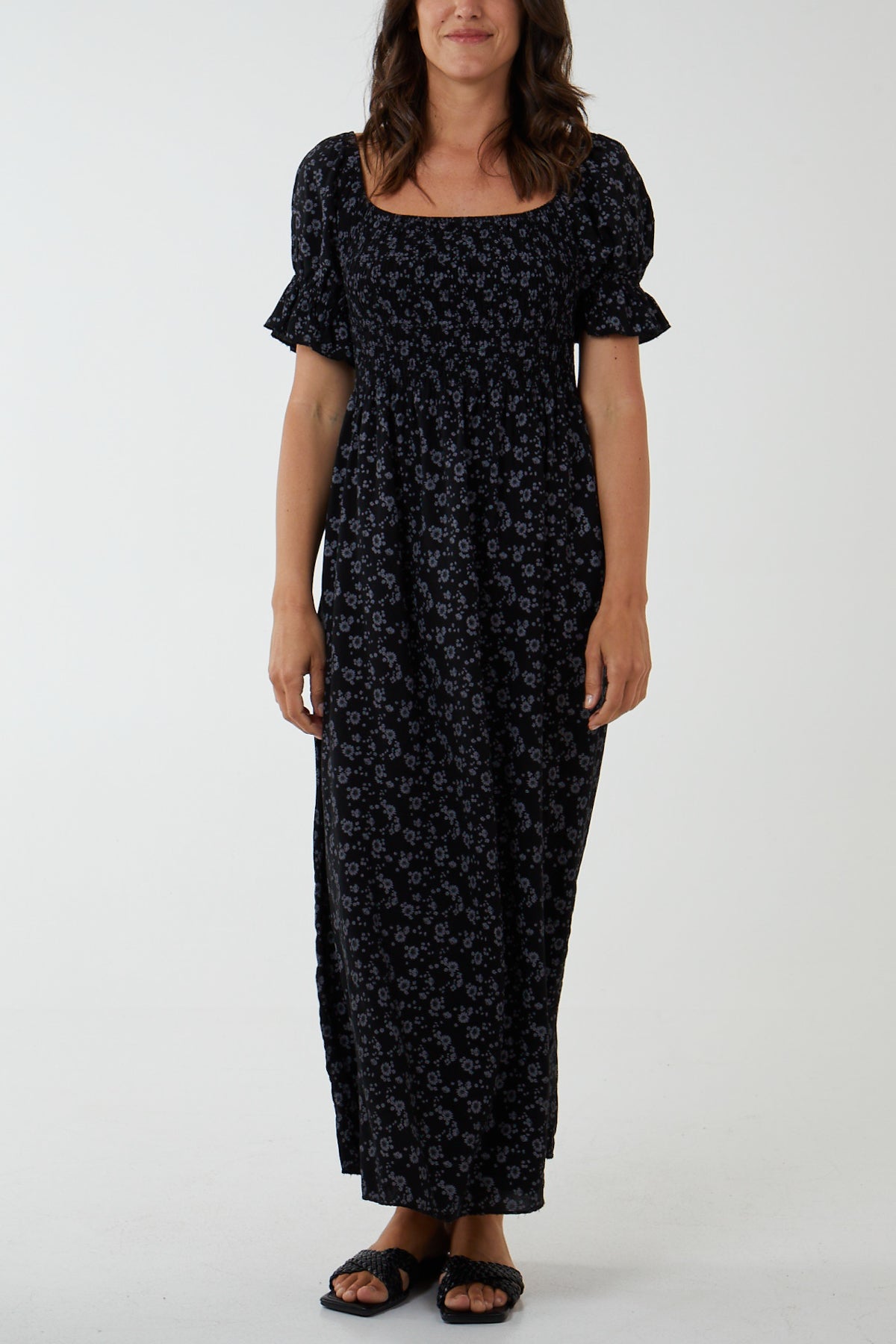 Puff Sleeve Floral Shirred Bodice Dress For Women  - Dropwear