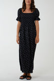 Puff Sleeve Floral Shirred Bodice Dress For Women  - Dropwear
