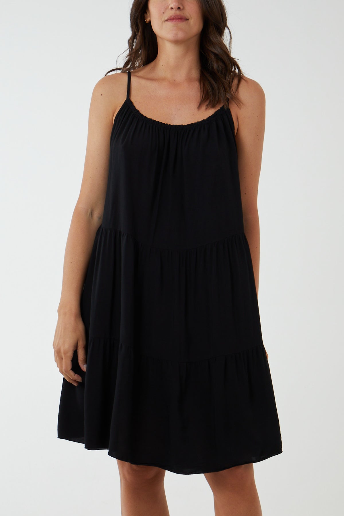 Black Cami Strap Tiered Smock Dress For Women ONE SIZE - Dropwear