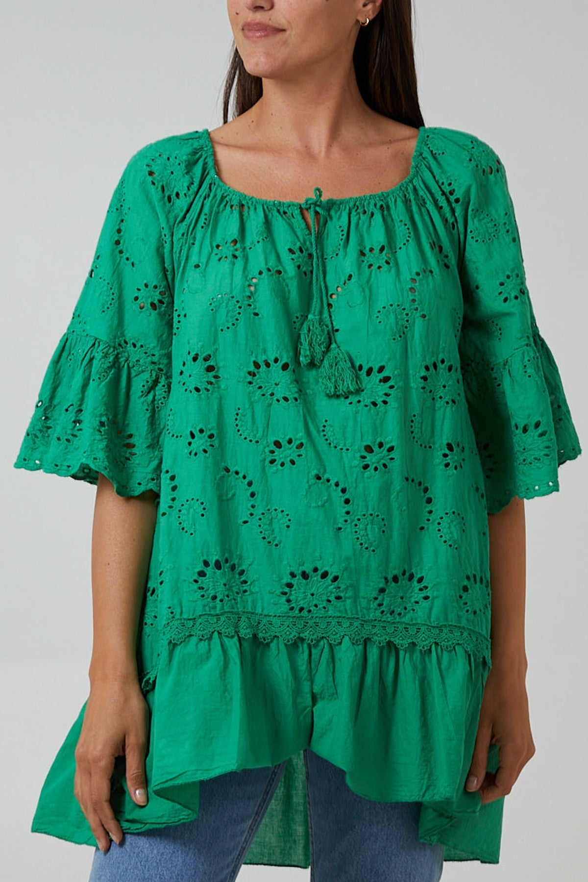Royal Blue Gypsy Broderie Anglaise Flounce Hem Blouse For Women ONE SIZE - Dropwear