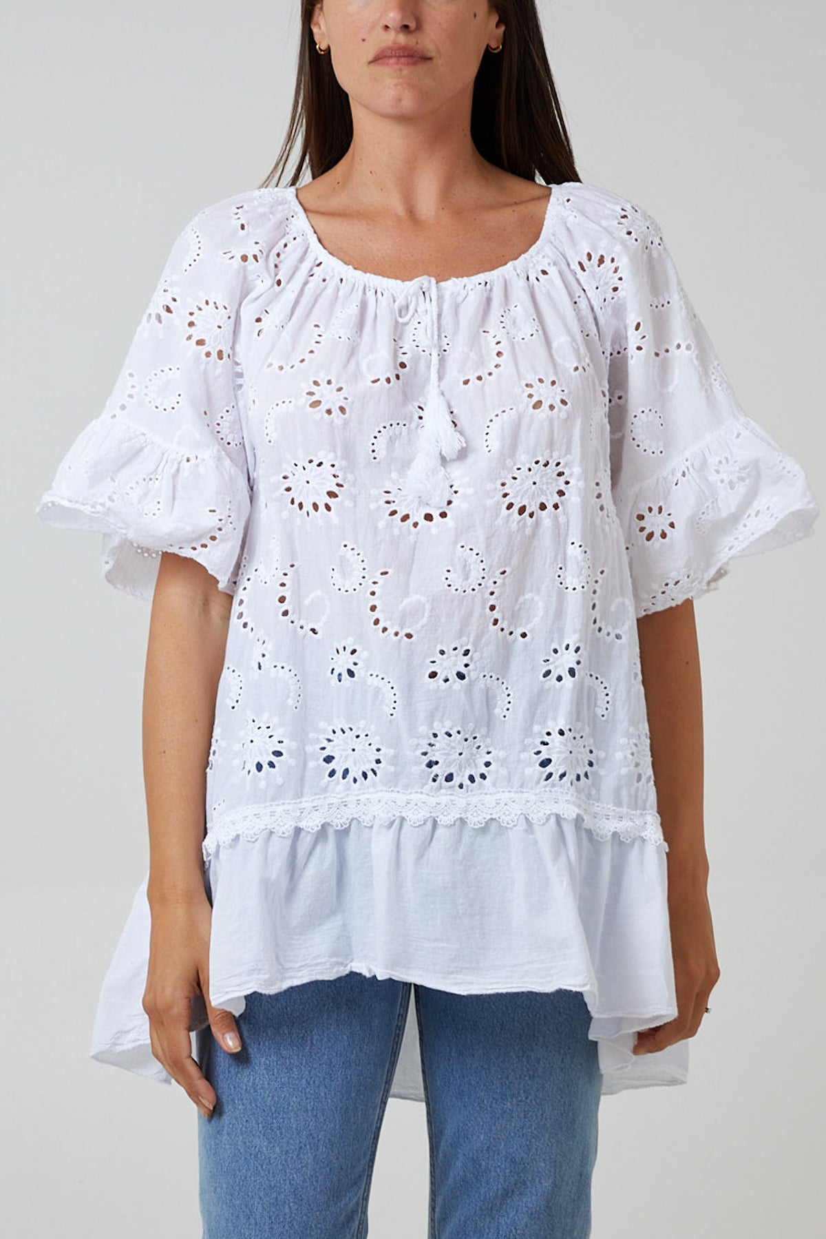 Gypsy Broderie Anglaise Flounce Hem Blouse For Women  - Dropwear