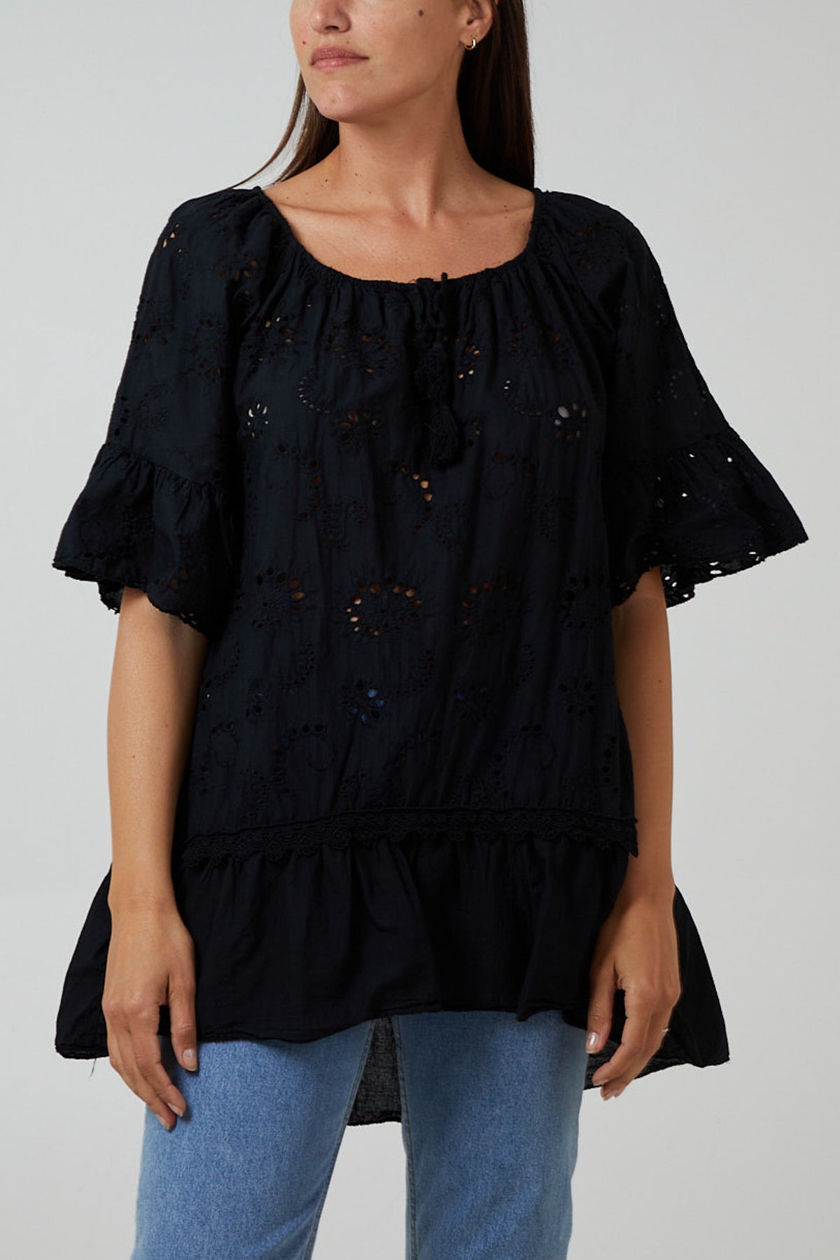 Khaki Gypsy Broderie Anglaise Flounce Hem Blouse For Women ONE SIZE - Dropwear