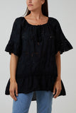 Khaki Gypsy Broderie Anglaise Flounce Hem Blouse For Women ONE SIZE - Dropwear
