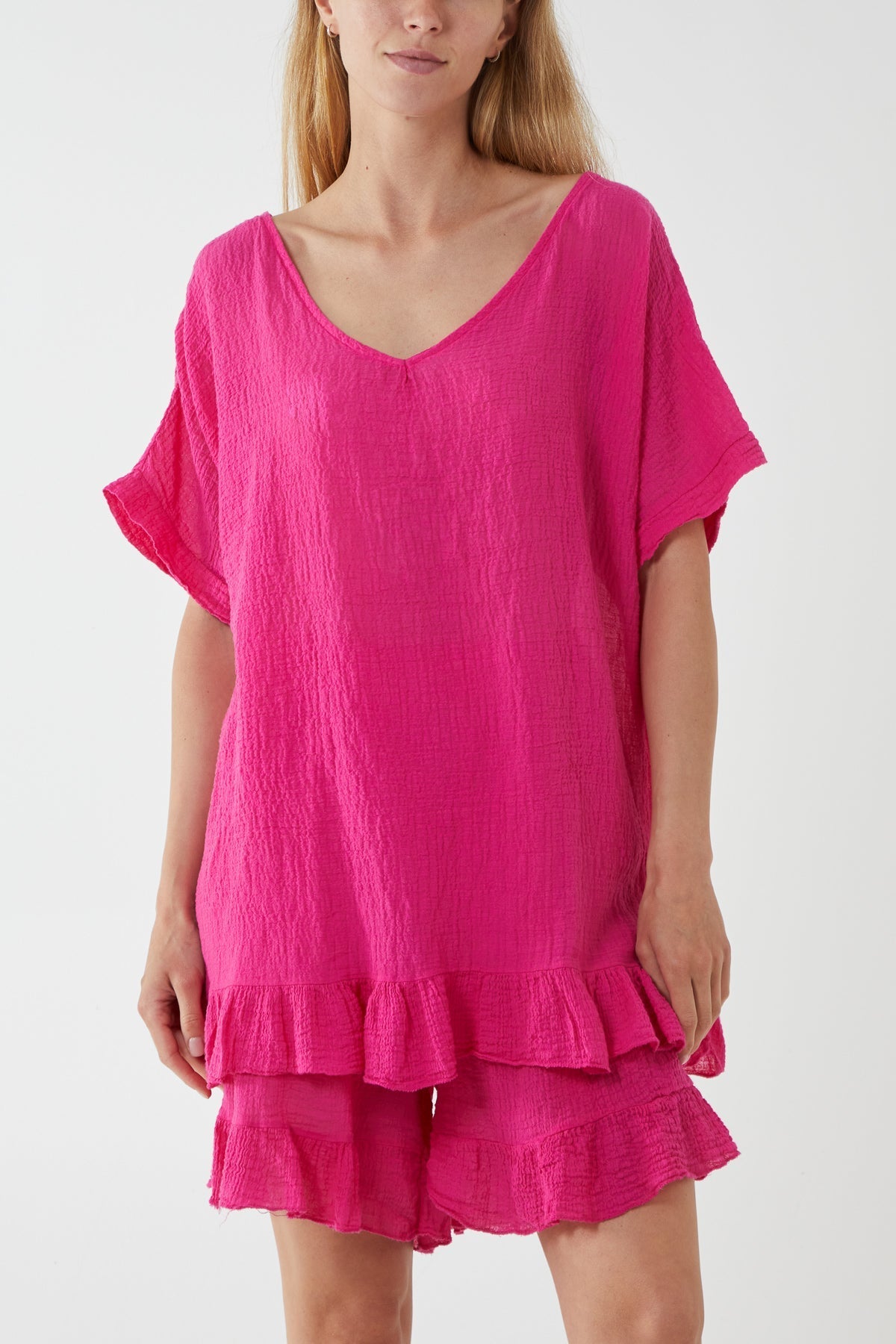 Cotton Blend Frill Hem Top & Short Set For Women  - Dropwear
