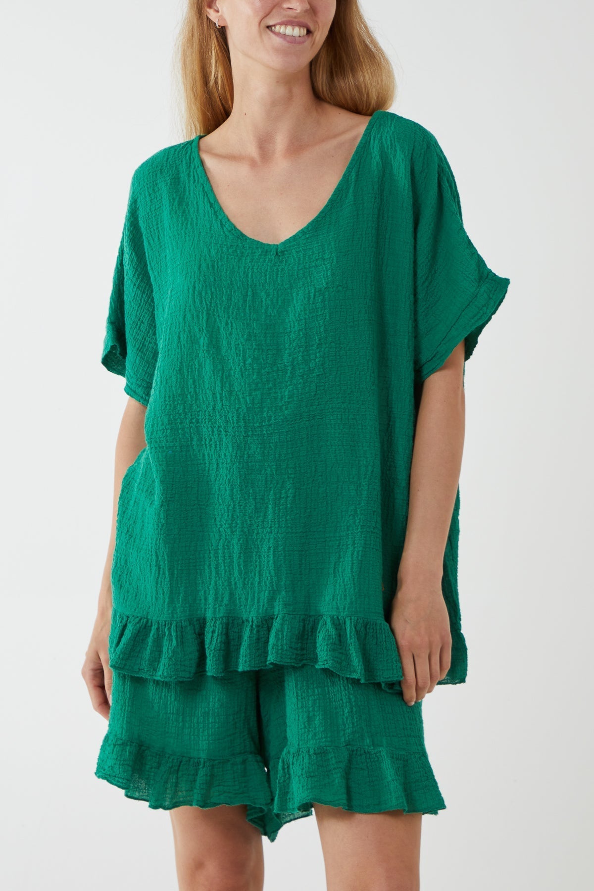 Jade Cotton Blend Frill Hem Top & Short Set For Women ONE SIZE - Dropwear