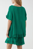 White Cotton Blend Frill Hem Top & Short Set For Women ONE SIZE - Dropwear