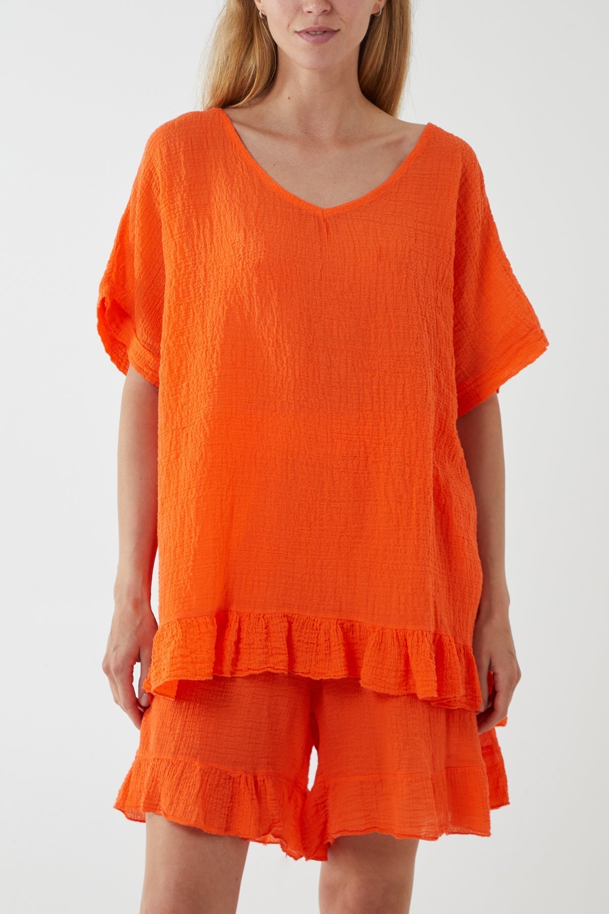 Cotton Blend Frill Hem Top & Short Set For Women  - Dropwear