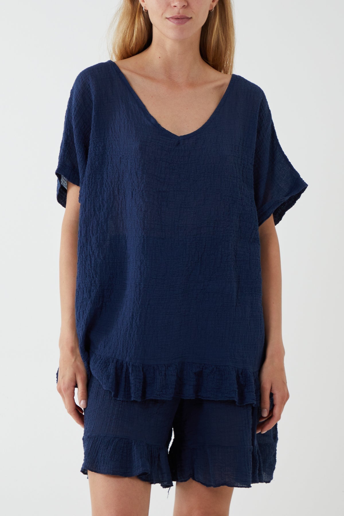 Cotton Blend Frill Hem Top & Short Set For Women  - Dropwear