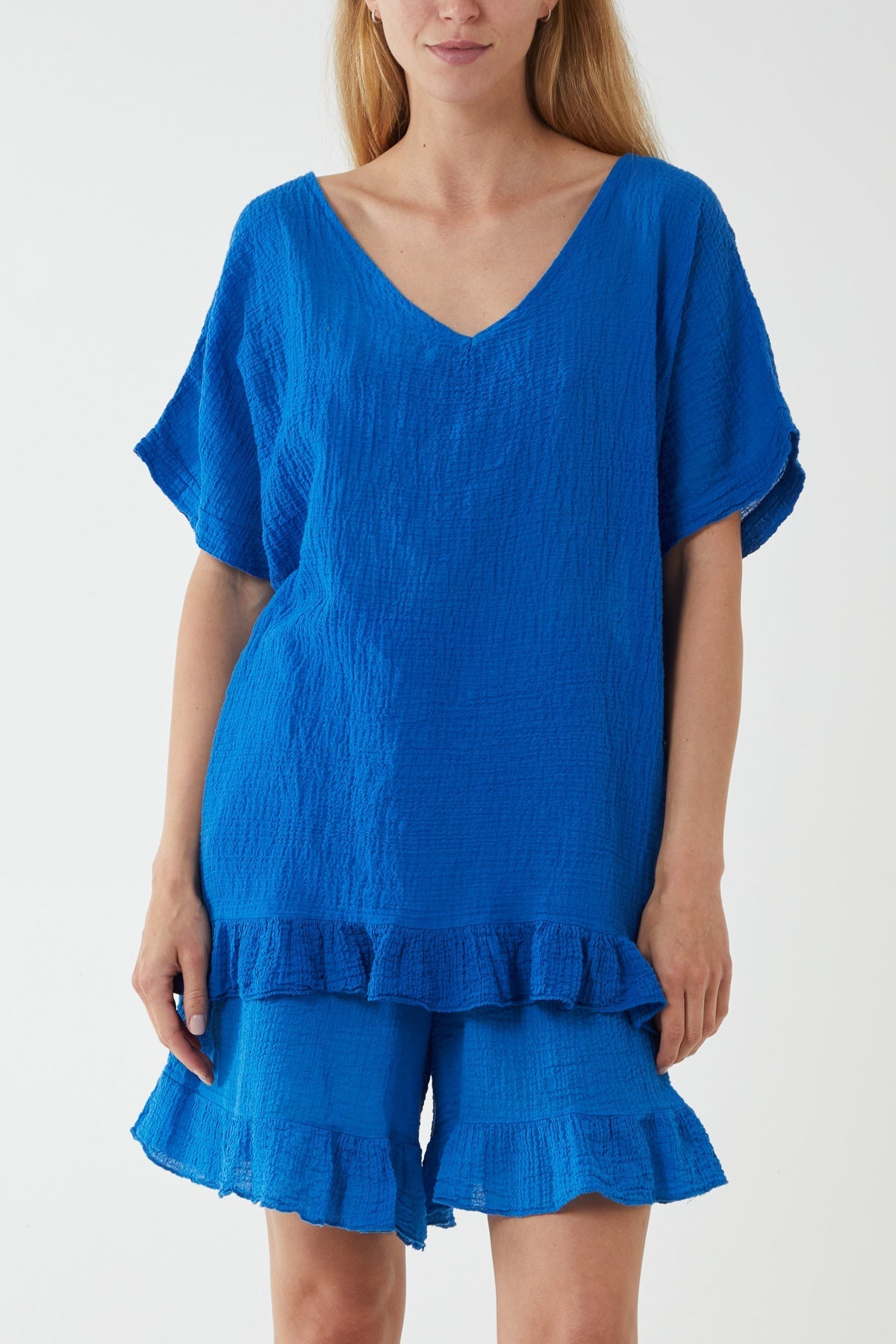 Fuchsia Cotton Blend Frill Hem Top & Short Set For Women ONE SIZE - Dropwear