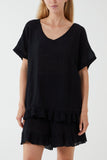 Navy Cotton Blend Frill Hem Top & Short Set For Women ONE SIZE - Dropwear