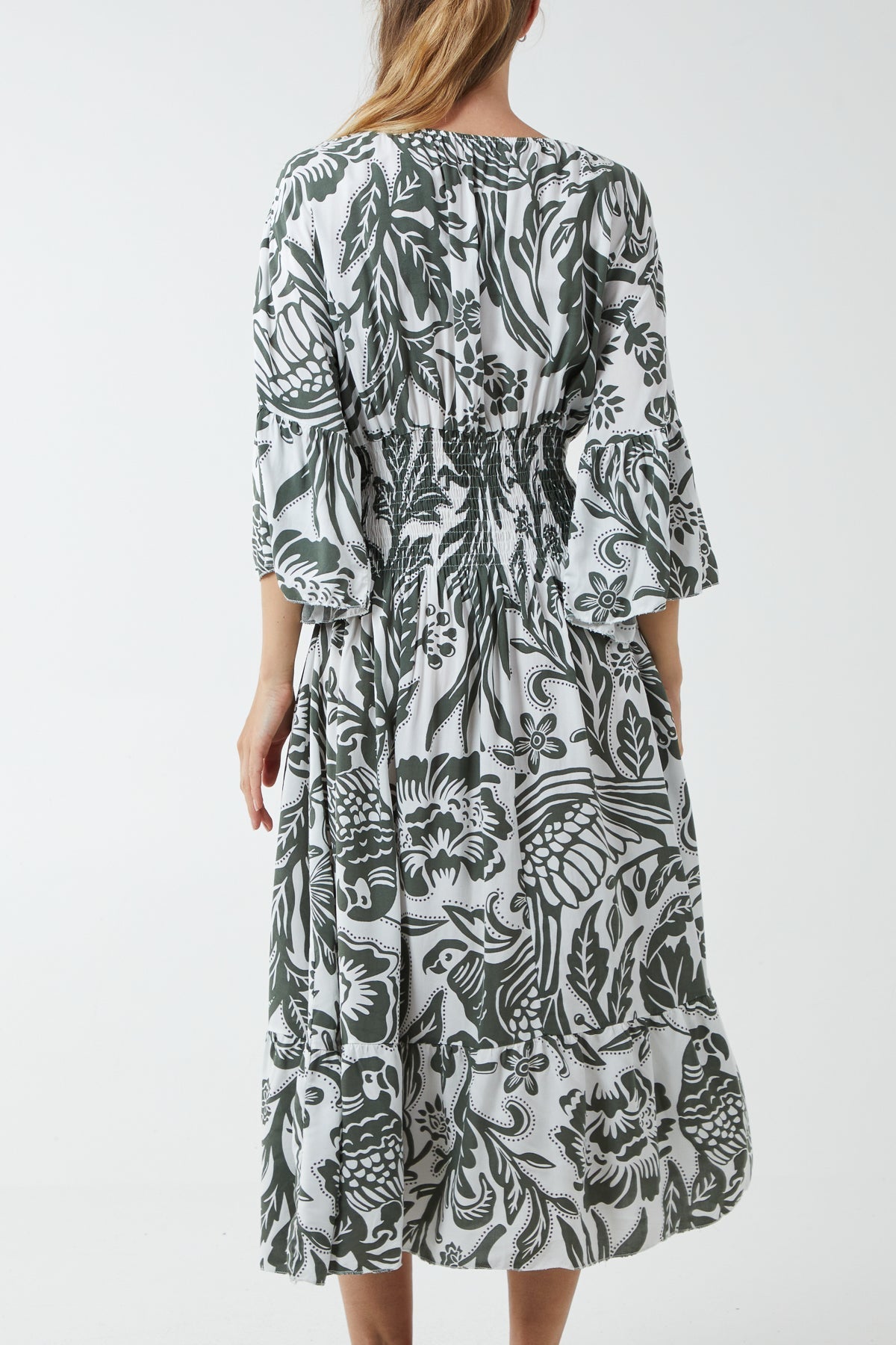 Brown Monochromatic Floral Shirred Bodice Midi Dress For Women ONE SIZE - Dropwear