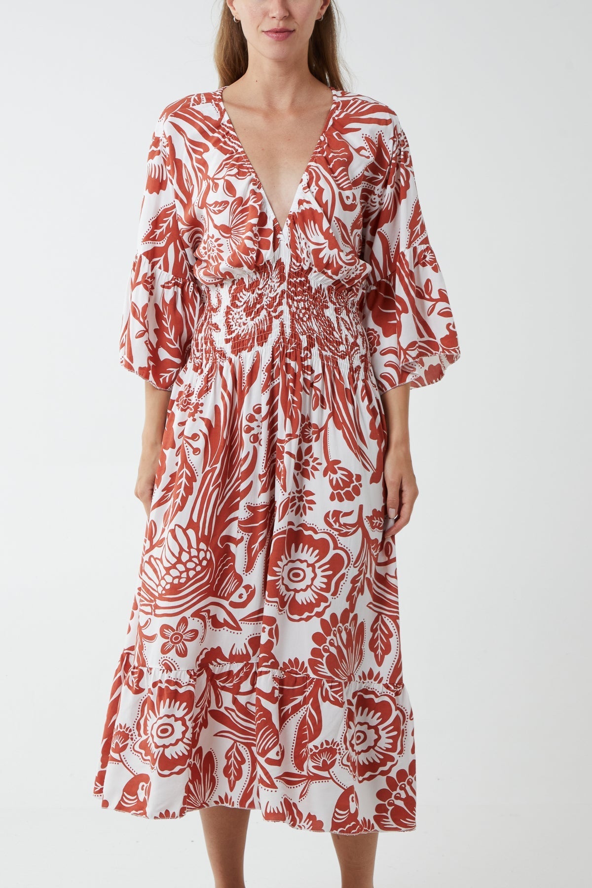 Sage Monochromatic Floral Shirred Bodice Midi Dress For Women ONE SIZE - Dropwear