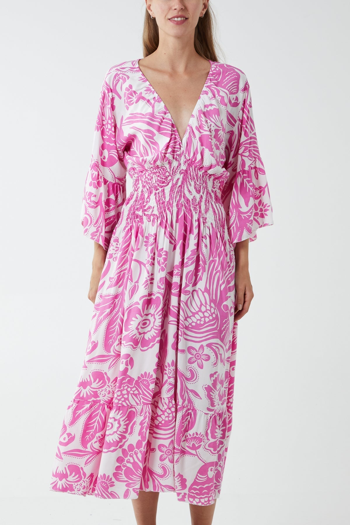 Monochromatic Floral Shirred Bodice Midi Dress For Women  - Dropwear