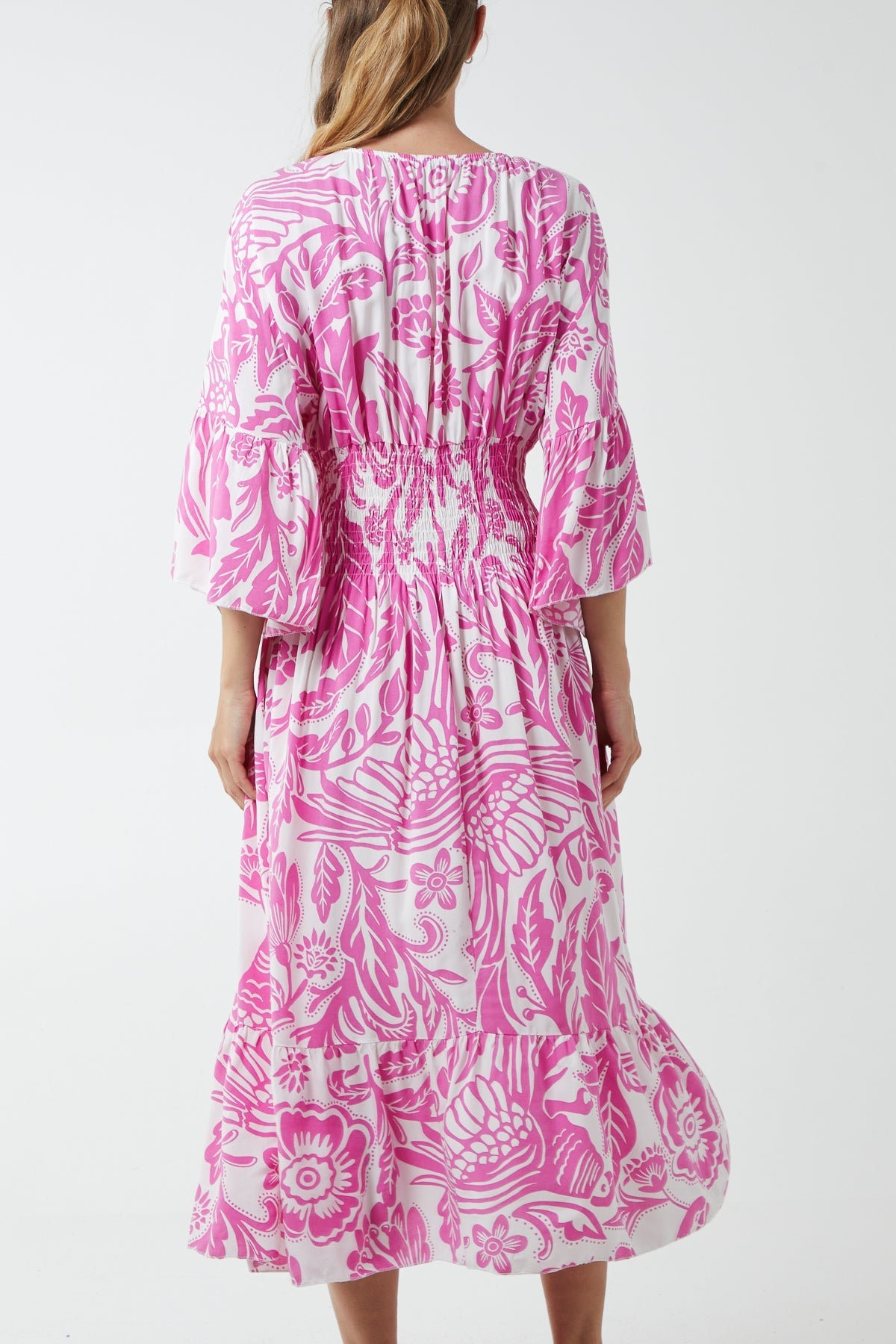 Monochromatic Floral Shirred Bodice Midi Dress For Women  - Dropwear