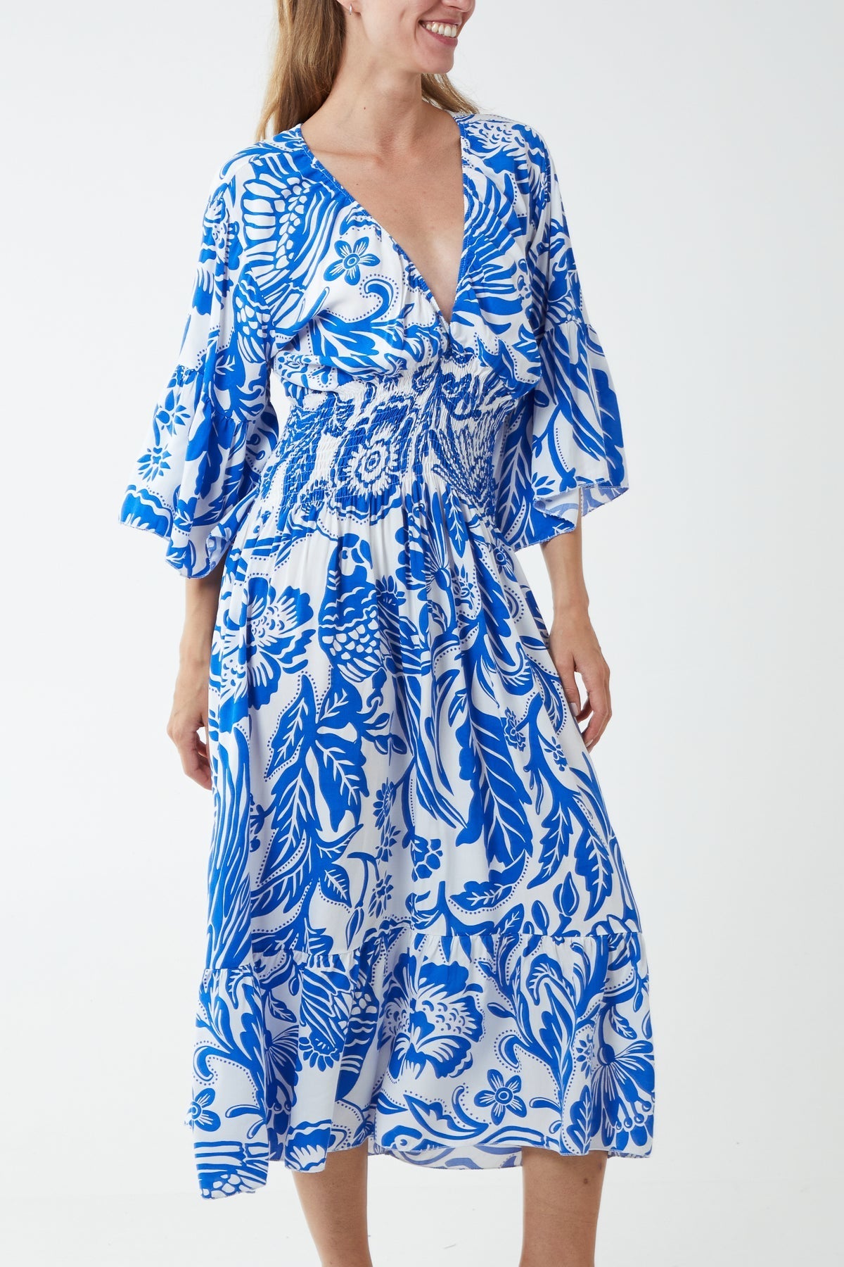 Jade Monochromatic Floral Shirred Bodice Midi Dress For Women ONE SIZE - Dropwear