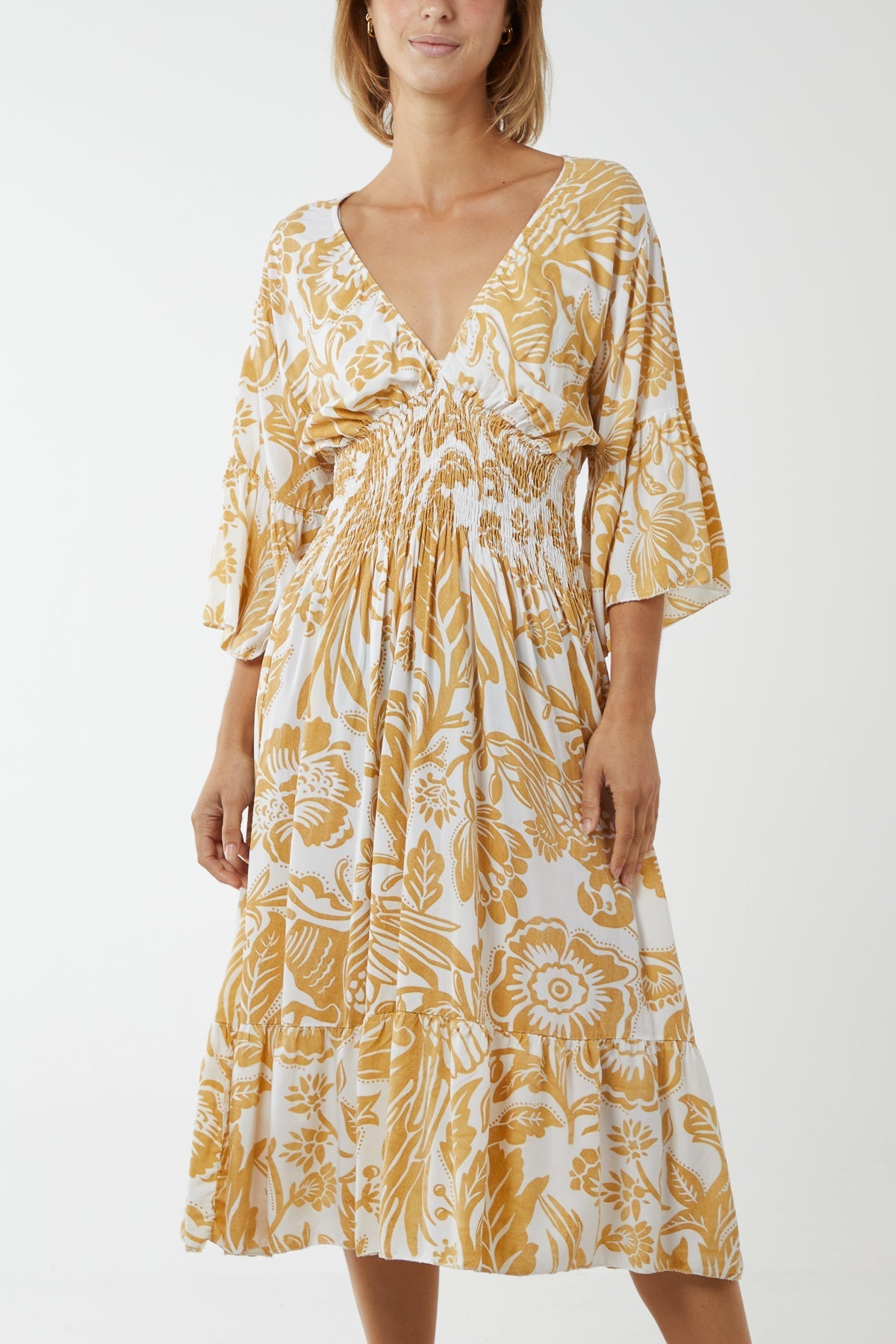 Monochromatic Floral Shirred Bodice Midi Dress For Women  - Dropwear