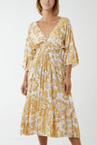 Monochromatic Floral Shirred Bodice Midi Dress For Women  - Dropwear