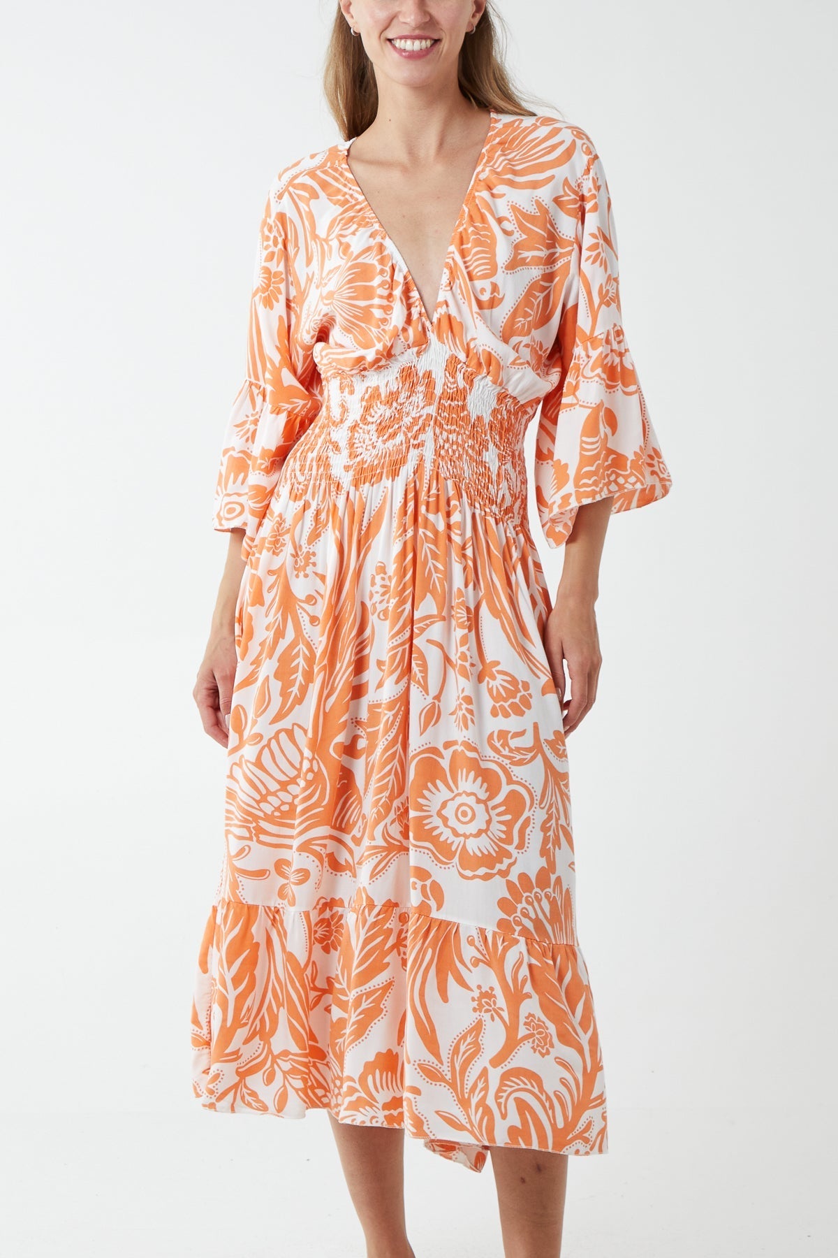 Monochromatic Floral Shirred Bodice Midi Dress For Women  - Dropwear