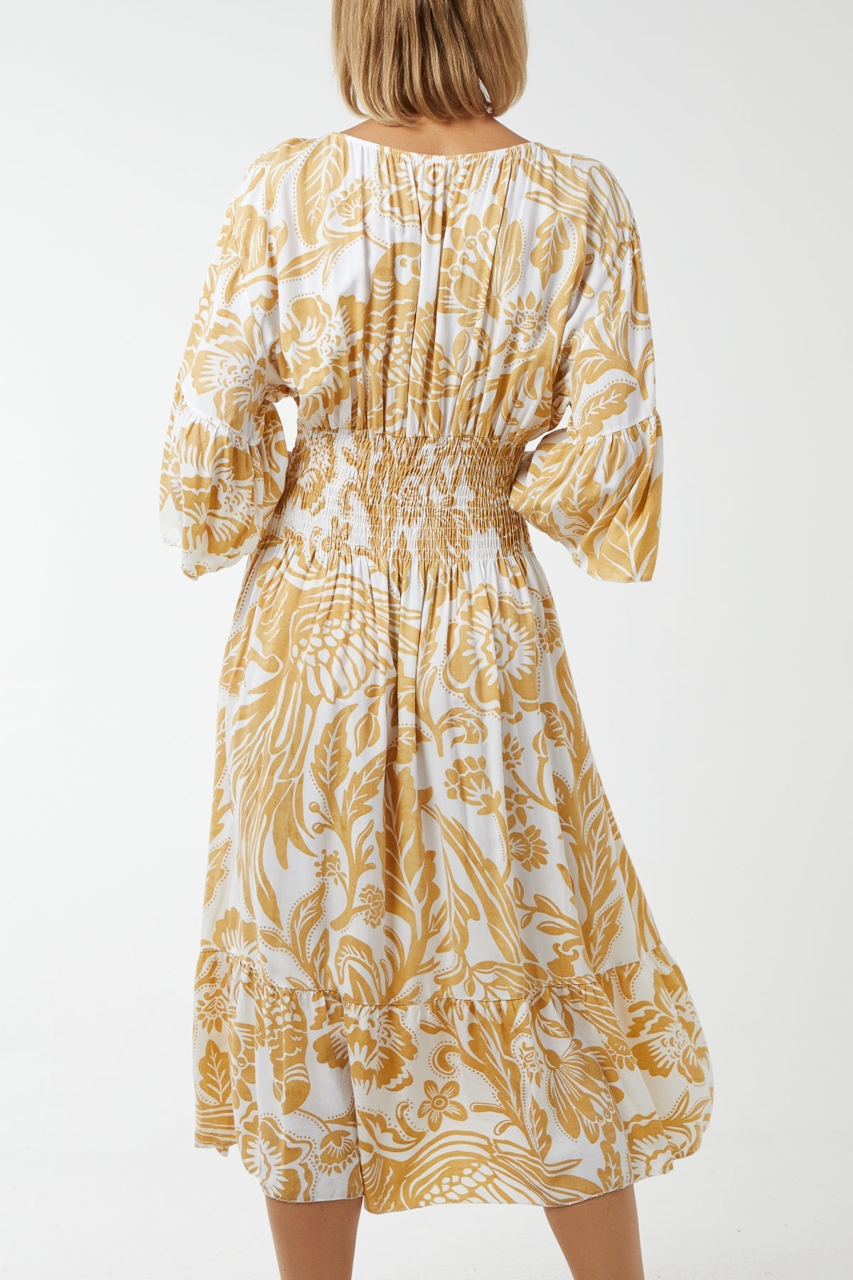 Monochromatic Floral Shirred Bodice Midi Dress For Women  - Dropwear