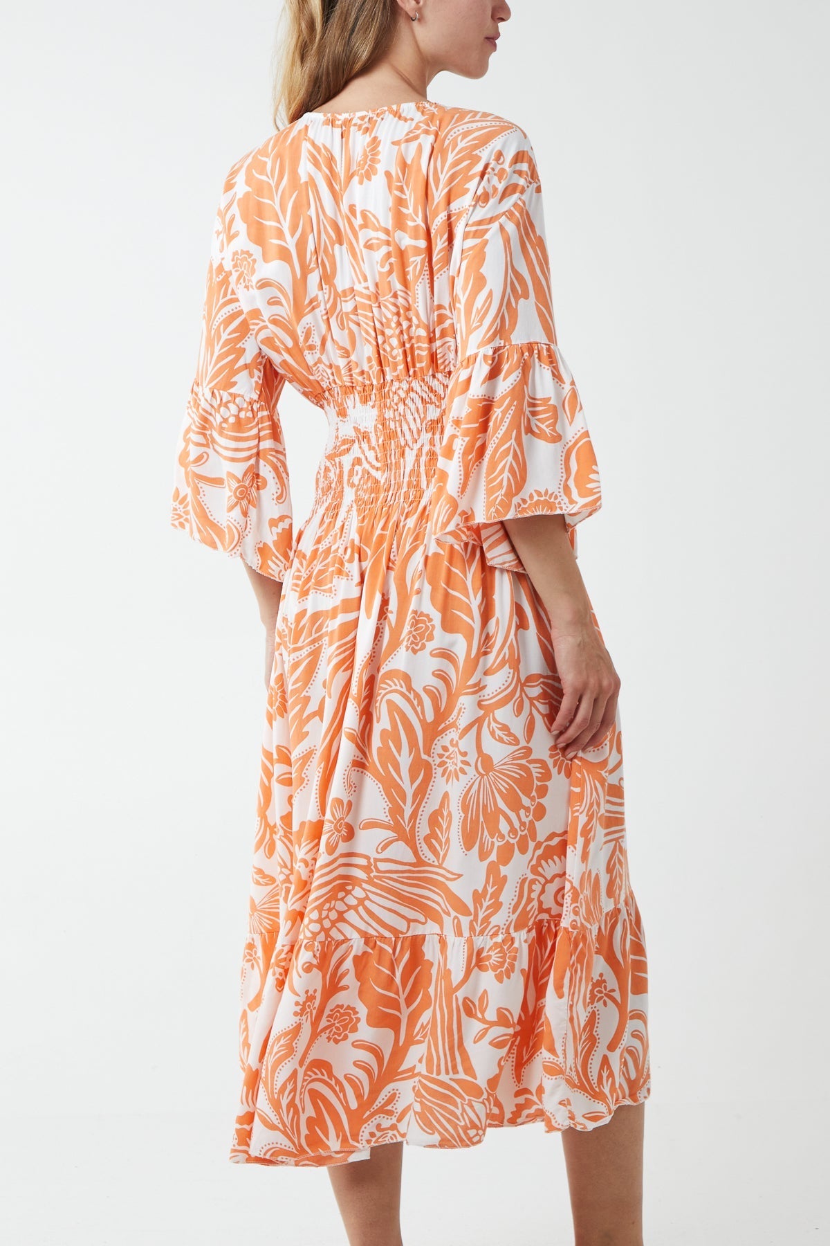 Monochromatic Floral Shirred Bodice Midi Dress For Women  - Dropwear