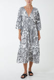 Monochromatic Floral Shirred Bodice Midi Dress For Women  - Dropwear