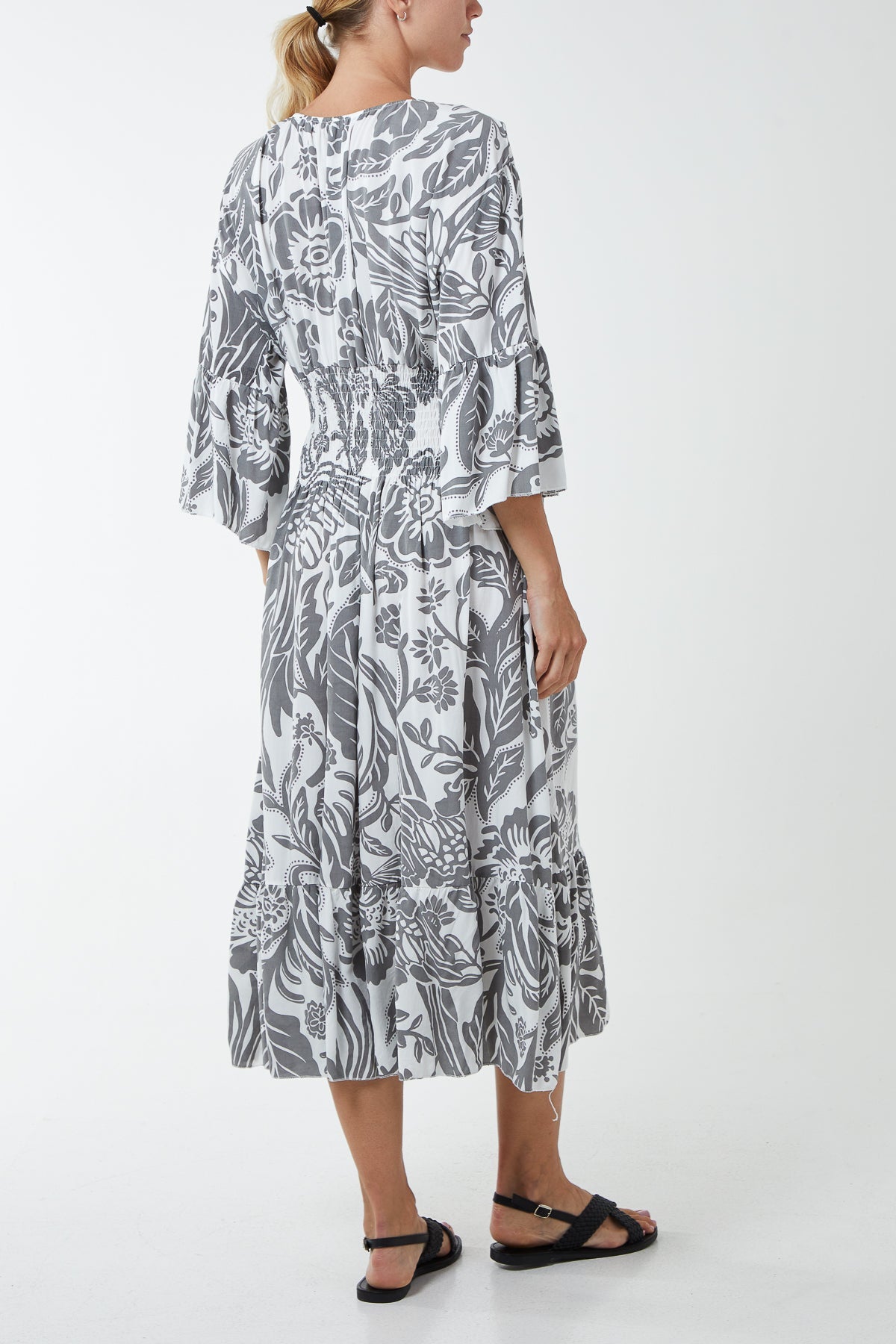 Monochromatic Floral Shirred Bodice Midi Dress For Women  - Dropwear
