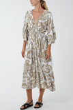 Monochromatic Floral Shirred Bodice Midi Dress For Women  - Dropwear