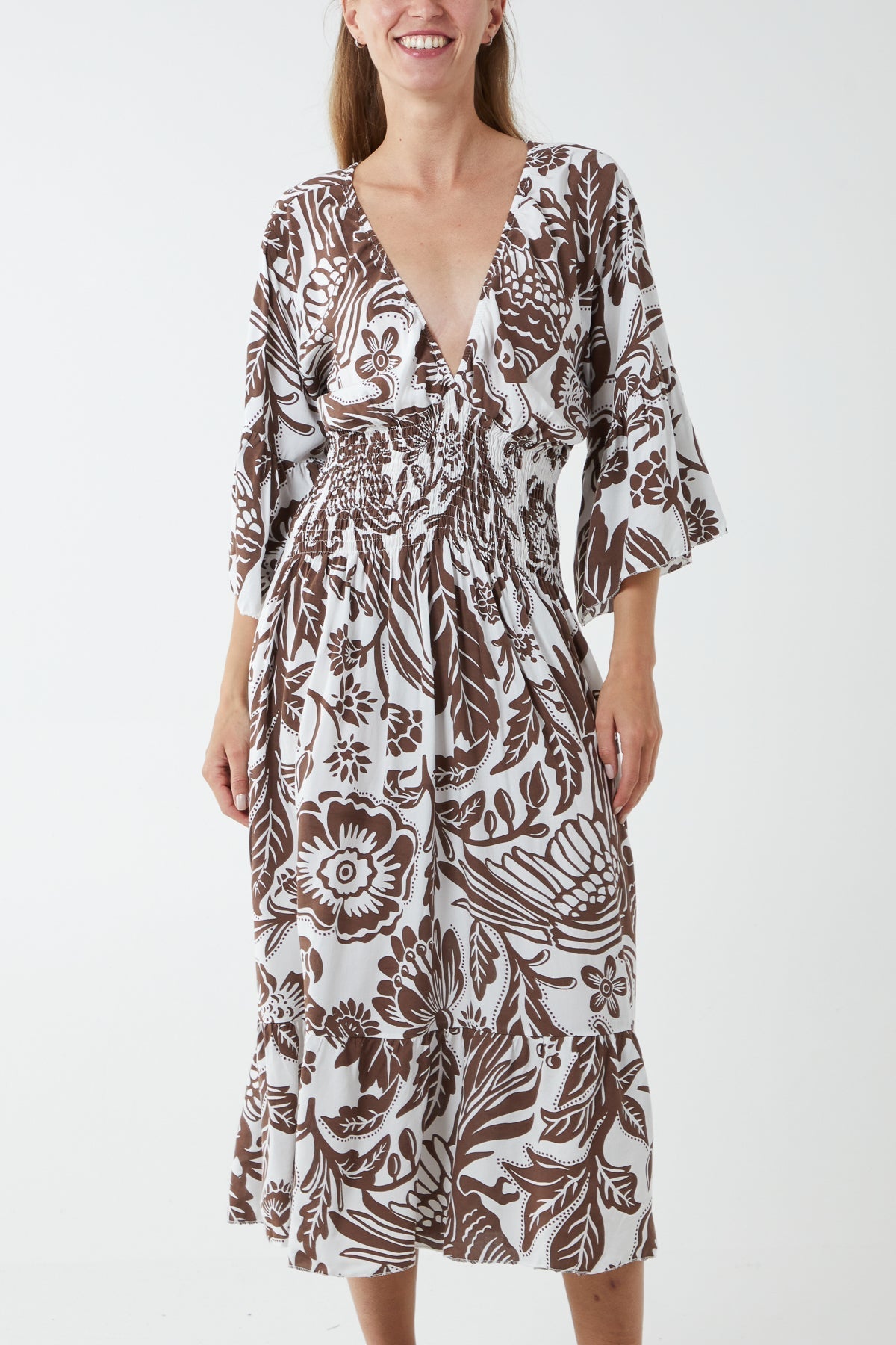 Monochromatic Floral Shirred Bodice Midi Dress For Women  - Dropwear