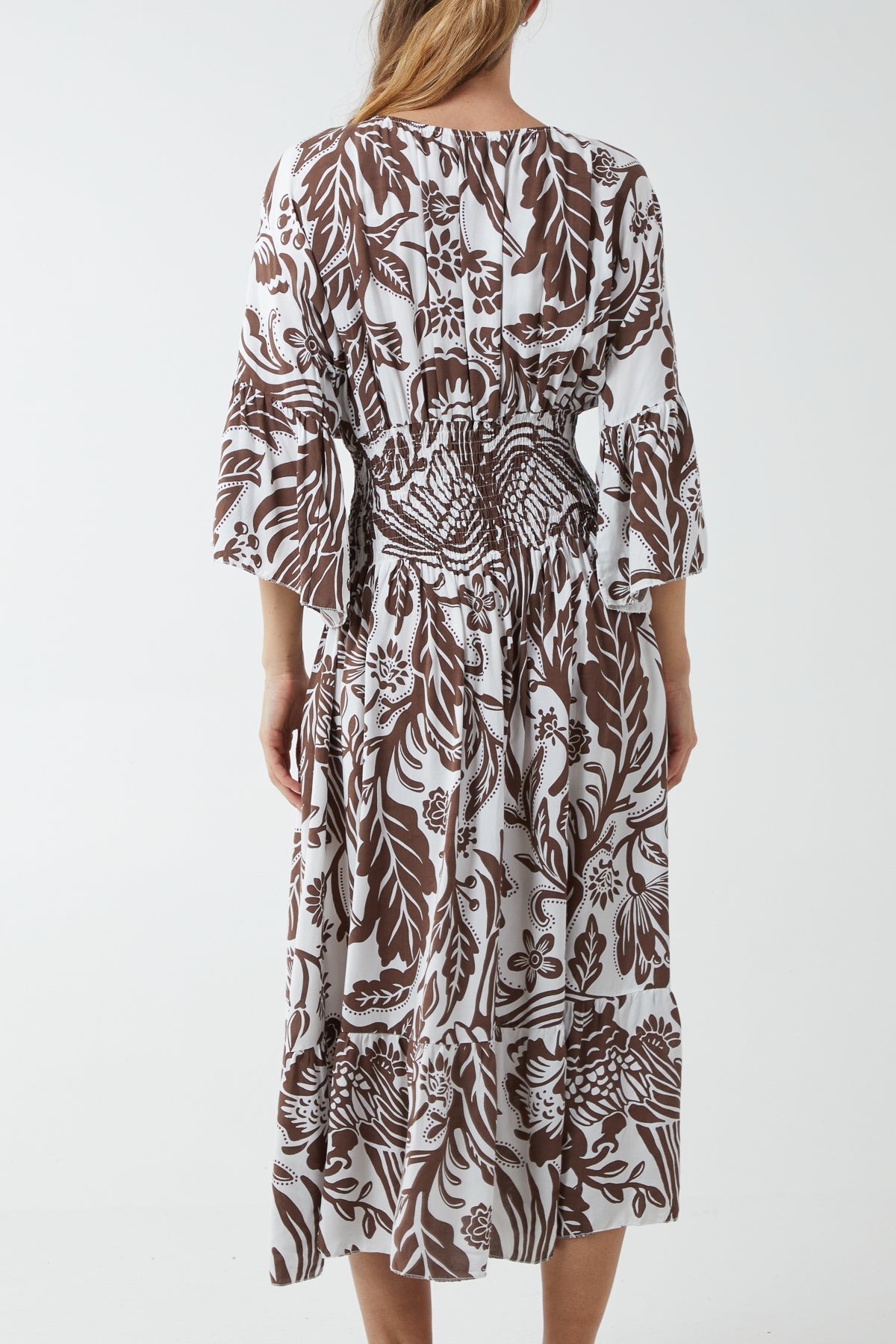 Monochromatic Floral Shirred Bodice Midi Dress For Women  - Dropwear