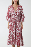 Burgundy Monochromatic Floral Shirred Bodice Midi Dress For Women ONE SIZE - Dropwear