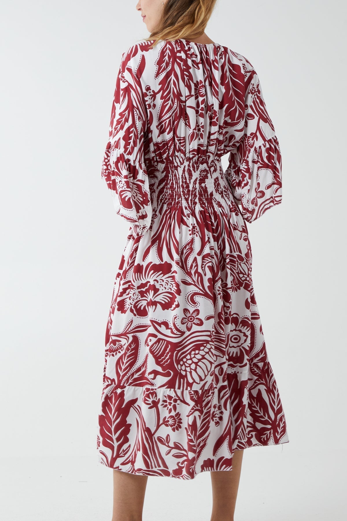 Coral Monochromatic Floral Shirred Bodice Midi Dress For Women ONE SIZE - Dropwear