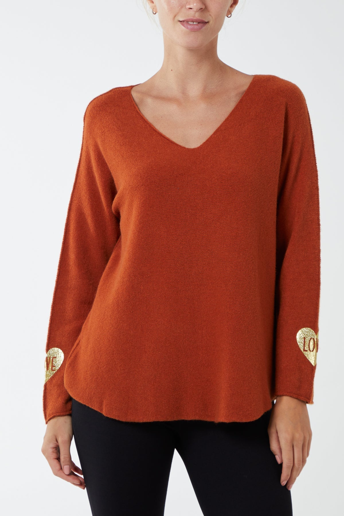 Beige V-Neck Raw Edge 'Love' Sleeve Jumper For Women ONE SIZE - Dropwear