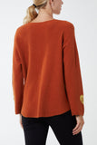 Tan V-Neck Raw Edge 'Love' Sleeve Jumper For Women ONE SIZE - Dropwear