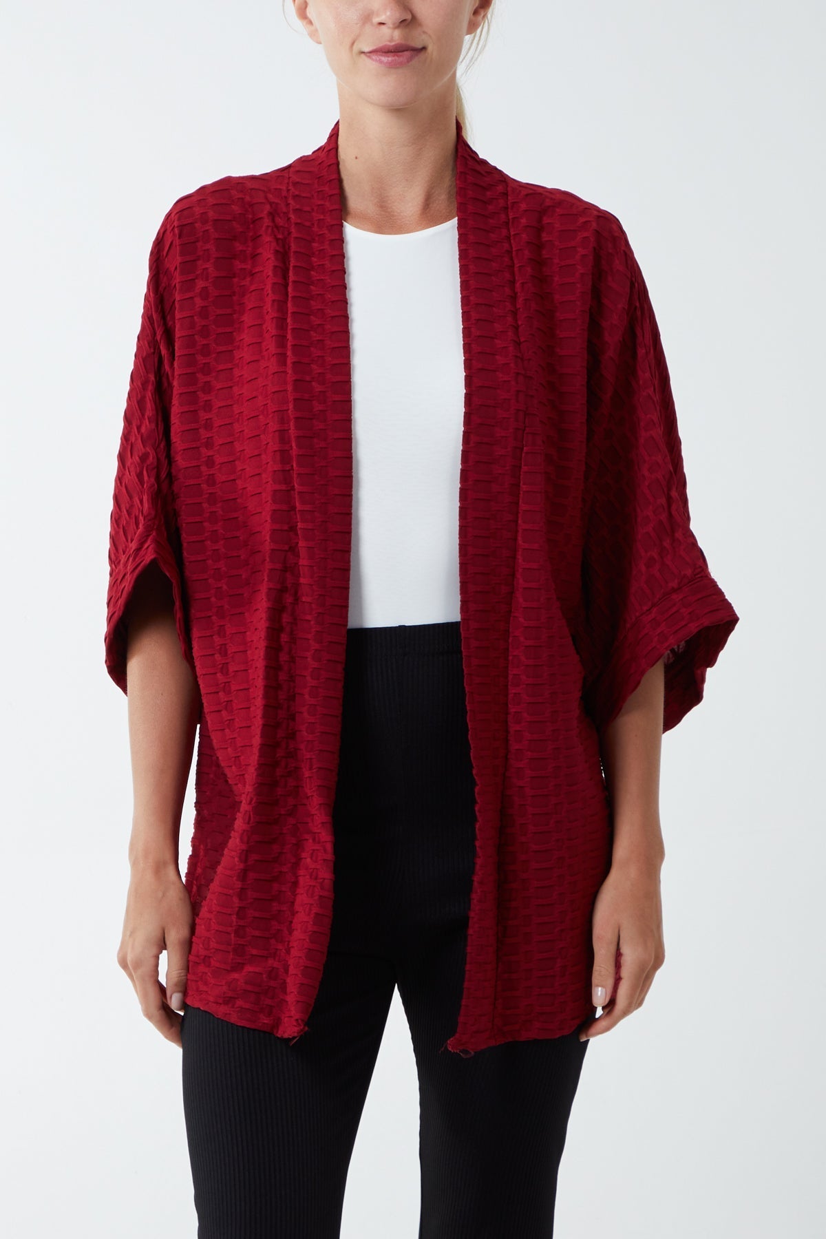 Beige Waffle Texture Jersey Kimono Jacket For Women ONE SIZE - Dropwear