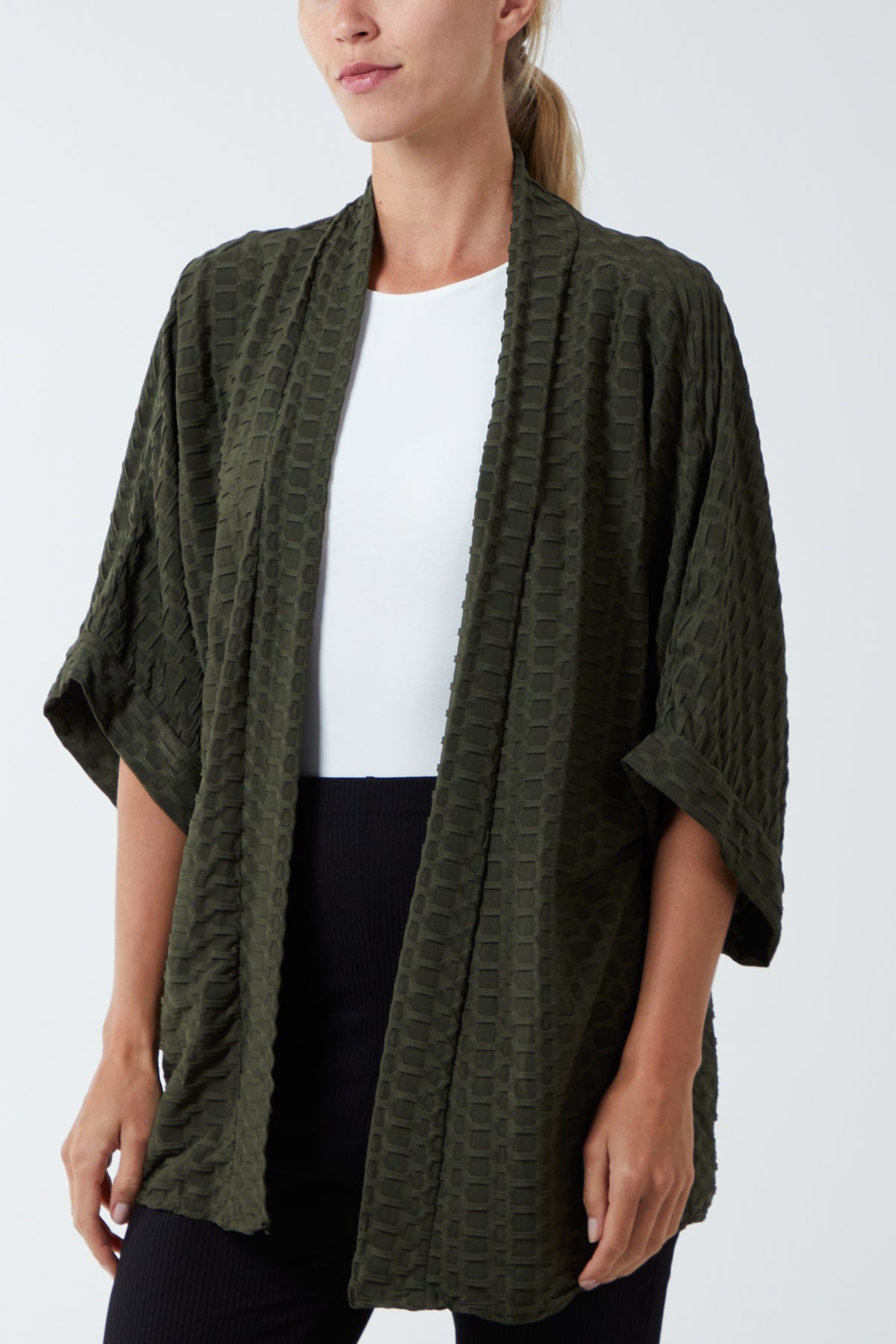 Chocolate Waffle Texture Jersey Kimono Jacket For Women ONE SIZE - Dropwear