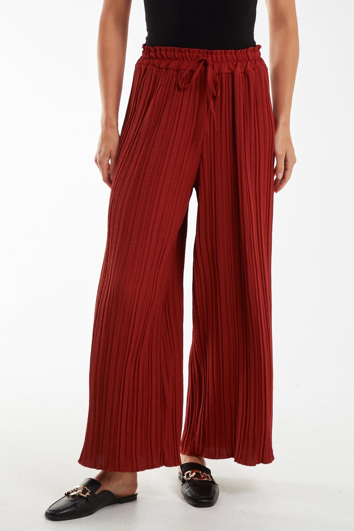 Navy Wide Leg Plisse Drawstring Trousers For Women ONE SIZE - Dropwear
