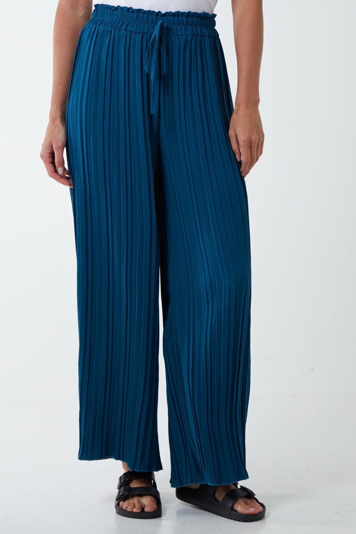 Wide Leg Plisse Drawstring Trousers For Women  - Dropwear