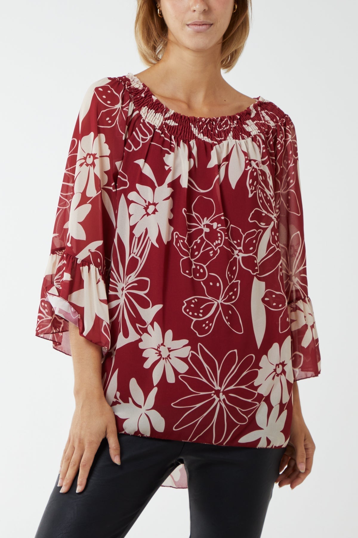 Floral Bardot Long Sleeve Blouse For Women  - Dropwear