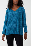 Teal Geometric Pattern Long Sleeve Top For Women ONE SIZE - Dropwear