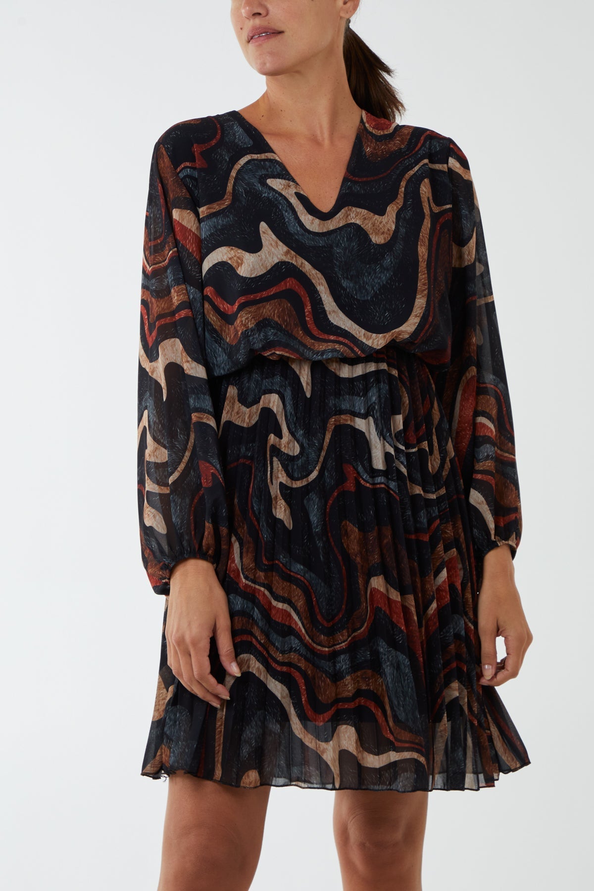 V-Neck Marble Pleated Skirt Mini Dress For Women  - Dropwear