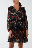 V-Neck Marble Pleated Skirt Mini Dress For Women  - Dropwear