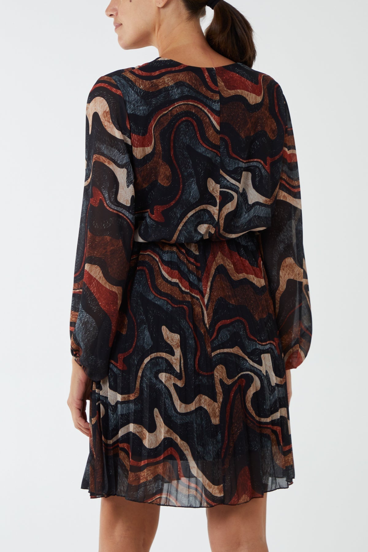 V-Neck Marble Pleated Skirt Mini Dress For Women  - Dropwear