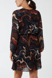 V-Neck Marble Pleated Skirt Mini Dress For Women  - Dropwear